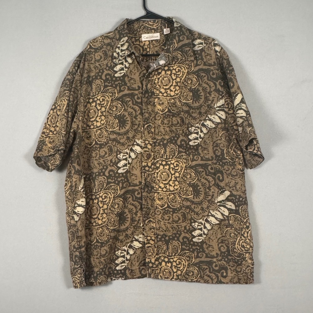 Caribbean Button Down Shirt Mens XL Brown Linen Batik Floral 90s Y2K NWOT